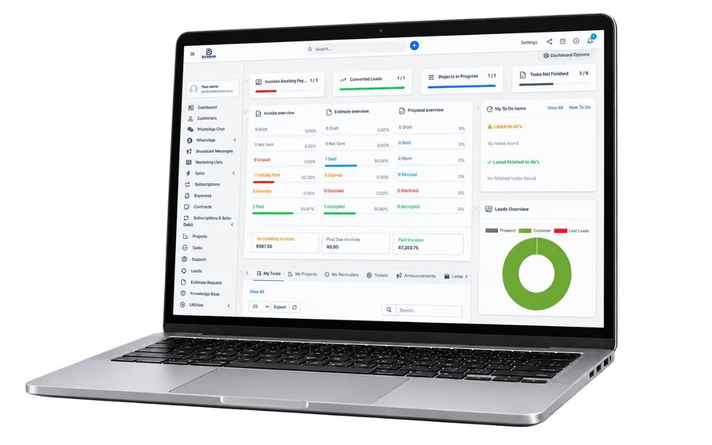The CRM Online dashboard on a laptop: invoices awaiting payment, leads, projects and tasks at a glance